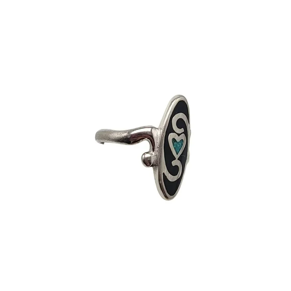 Sterling Silver Blue Turquoise Chip Black Onyx Inlay Ring Size 8 Vintage Signed